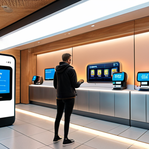 Home 11 **
A futuristic bank interior with a friendly chatbot interface assisting a customer on a digital screen. Show diverse people using banking apps on their phones, highlighting convenience and personalized offers popping up on screens. The scene should convey efficiency and accessibility.
**
