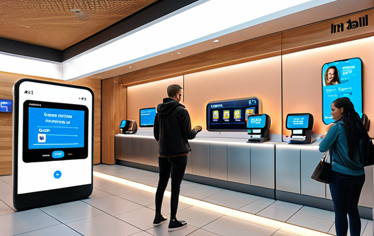 **
A futuristic bank interior with a friendly chatbot interface assisting a customer on a digital screen. Show diverse people using banking apps on their phones, highlighting convenience and personalized offers popping up on screens. The scene should convey efficiency and accessibility.
**