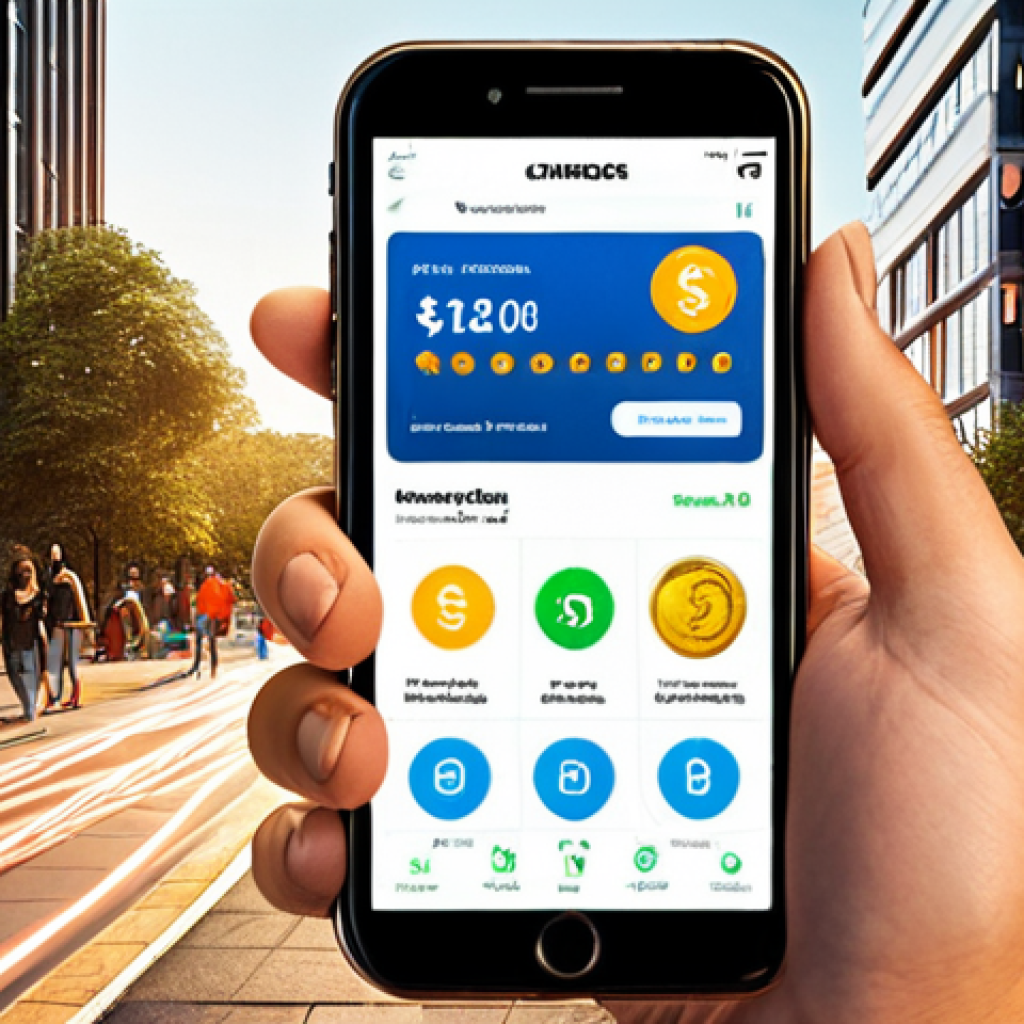 A modern, confident individual (diverse gender/age) smiling while effortlessly managing their finances on a sleek smartphone. The phone screen displays a user-friendly banking app with money flowing out as light trails or digital currencies, symbolizing instant access and control. The background blends dynamic urban elements with a sense of personal comfort (e.g., a cozy corner or a park), illustrating "anytime, anywhere" accessibility. Emphasize financial freedom, ease, and empowerment. High-tech, vibrant, and positive atmosphere.