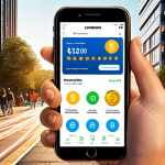 A modern, confident individual (diverse gender/age) smiling while effortlessly managing their finances on a sleek smartphone. The phone screen displays a user-friendly banking app with money flowing out as light trails or digital currencies, symbolizing instant access and control. The background blends dynamic urban elements with a sense of personal comfort (e.g., a cozy corner or a park), illustrating "anytime, anywhere" accessibility. Emphasize financial freedom, ease, and empowerment. High-tech, vibrant, and positive atmosphere.