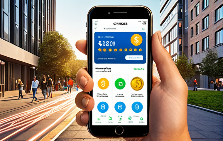 A modern, confident individual (diverse gender/age) smiling while effortlessly managing their finances on a sleek smartphone. The phone screen displays a user-friendly banking app with money flowing out as light trails or digital currencies, symbolizing instant access and control. The background blends dynamic urban elements with a sense of personal comfort (e.g., a cozy corner or a park), illustrating "anytime, anywhere" accessibility. Emphasize financial freedom, ease, and empowerment. High-tech, vibrant, and positive atmosphere.