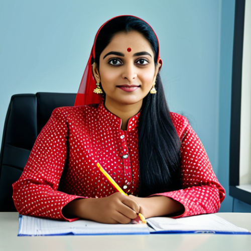** A professional Bangladeshi woman, fully clothed in a modest salwar kameez, sitting at a desk in a bright, modern office in Dhaka, safe for work, appropriate content, perfect anatomy, natural proportions, professional, family-friendly, high quality image.

**