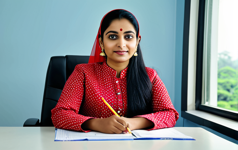 ** A professional Bangladeshi woman, fully clothed in a modest salwar kameez, sitting at a desk in a bright, modern office in Dhaka, safe for work, appropriate content, perfect anatomy, natural proportions, professional, family-friendly, high quality image.

**