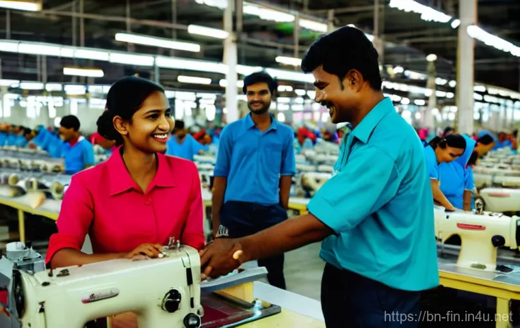 주식 투자와 환율 상관성 - **Prompt:** A dynamic, wide-angle shot of a bustling garment factory floor in Bangladesh. The scene ...