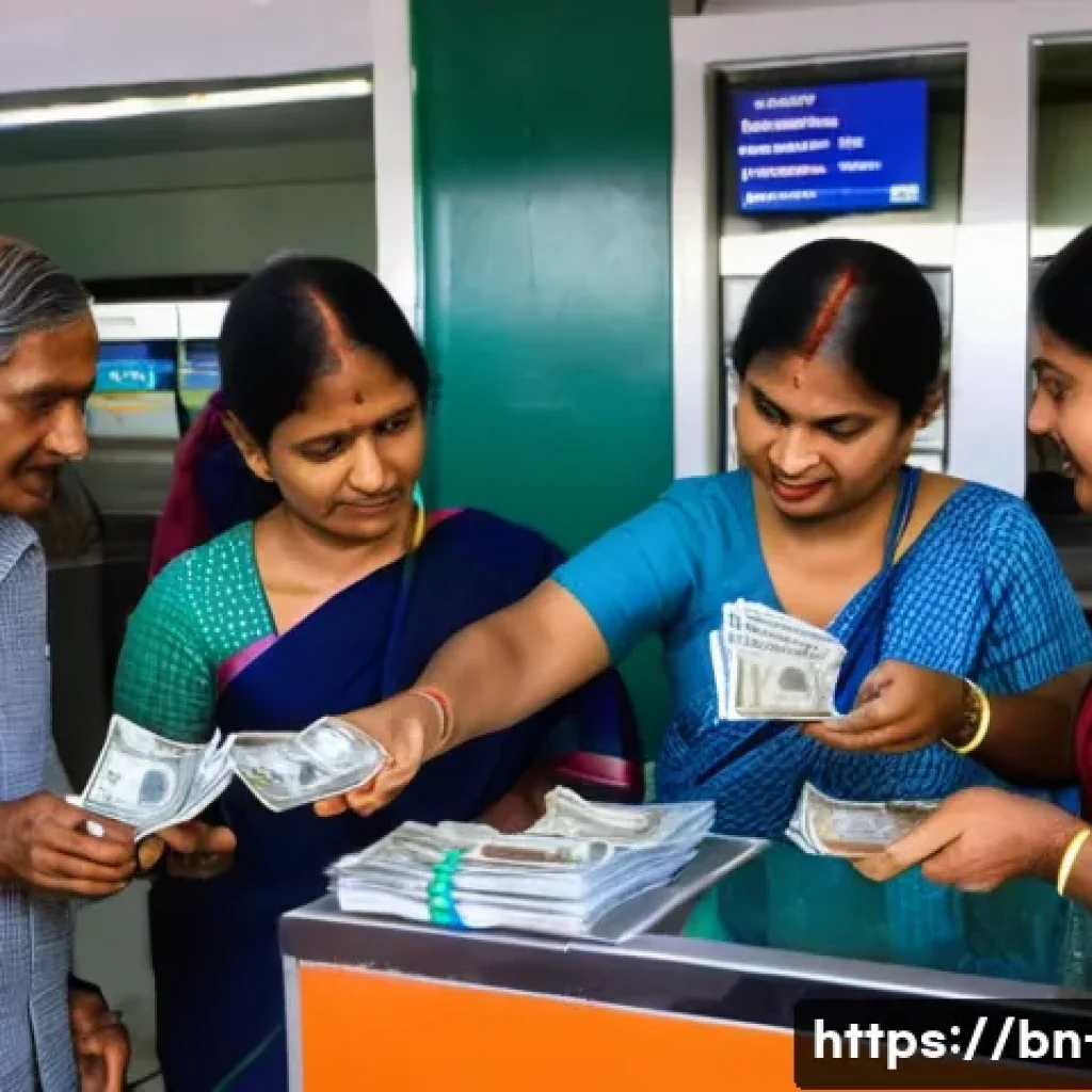 해외여행 환전 시기 - A detailed scene of a busy currency exchange center in Bangladesh during midweek, showing a diverse ...