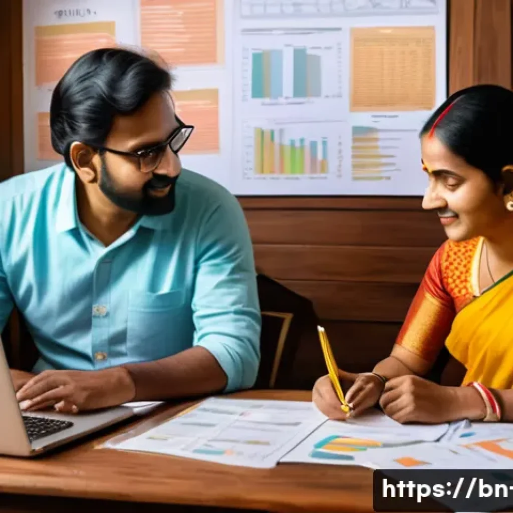 금융상품 포트폴리오 구성 - A detailed illustration of a Bengali family discussing financial goals at home: a middle-aged couple...
