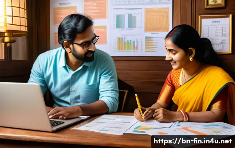 금융상품 포트폴리오 구성 - A detailed illustration of a Bengali family discussing financial goals at home: a middle-aged couple...