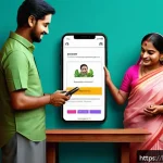 국제송금 서비스 비교 - A detailed digital illustration of a Bengali family using a mobile remittance app on a smartphone, s...