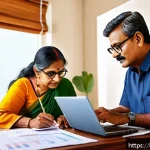 연금저축펀드의 장점 - A detailed illustration of a Bengali middle-aged man and woman sitting at a wooden desk in a bright,...