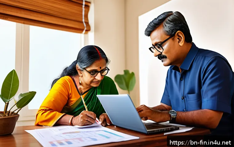연금저축펀드의 장점 - A detailed illustration of a Bengali middle-aged man and woman sitting at a wooden desk in a bright,...